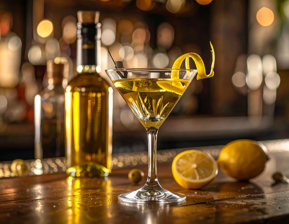 Luxury cocktail scene featuring an olive oil martini in a crystal glass with lemon twist, elegant bar mood, and premium gourmet styling.